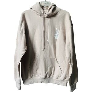 Bowery Supply Co Skeleton Peace Sign Beige Hoodie Sweatshirt Mens Medium Grunge